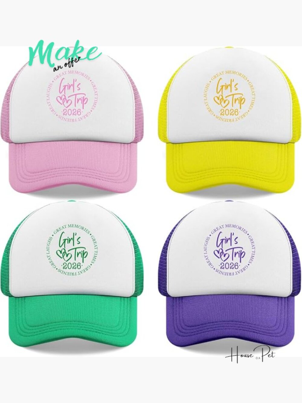 Girls Trip 2026 Baseball Cap Set - 4 Pack Breathable Mesh Trucker Hats